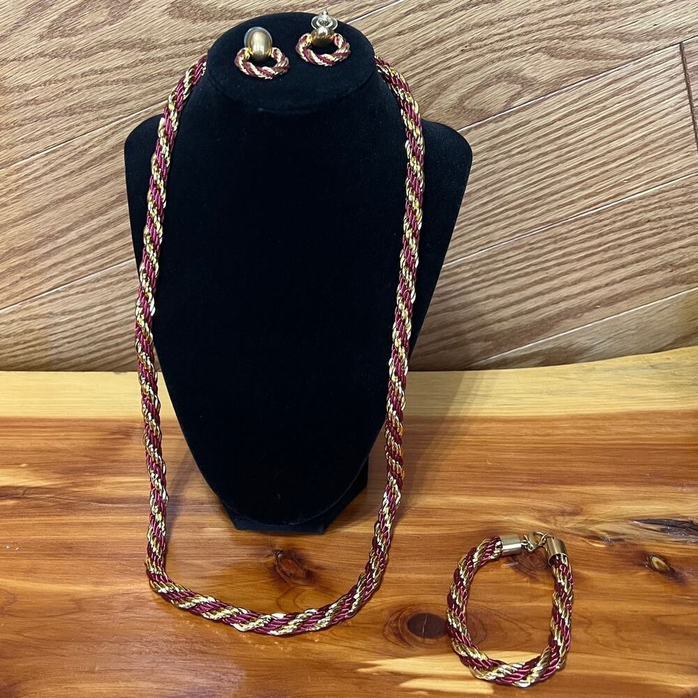 Vintage‎ Braided Gold Tone & Red Necklace Earring Bracelet Set MCM Chunky